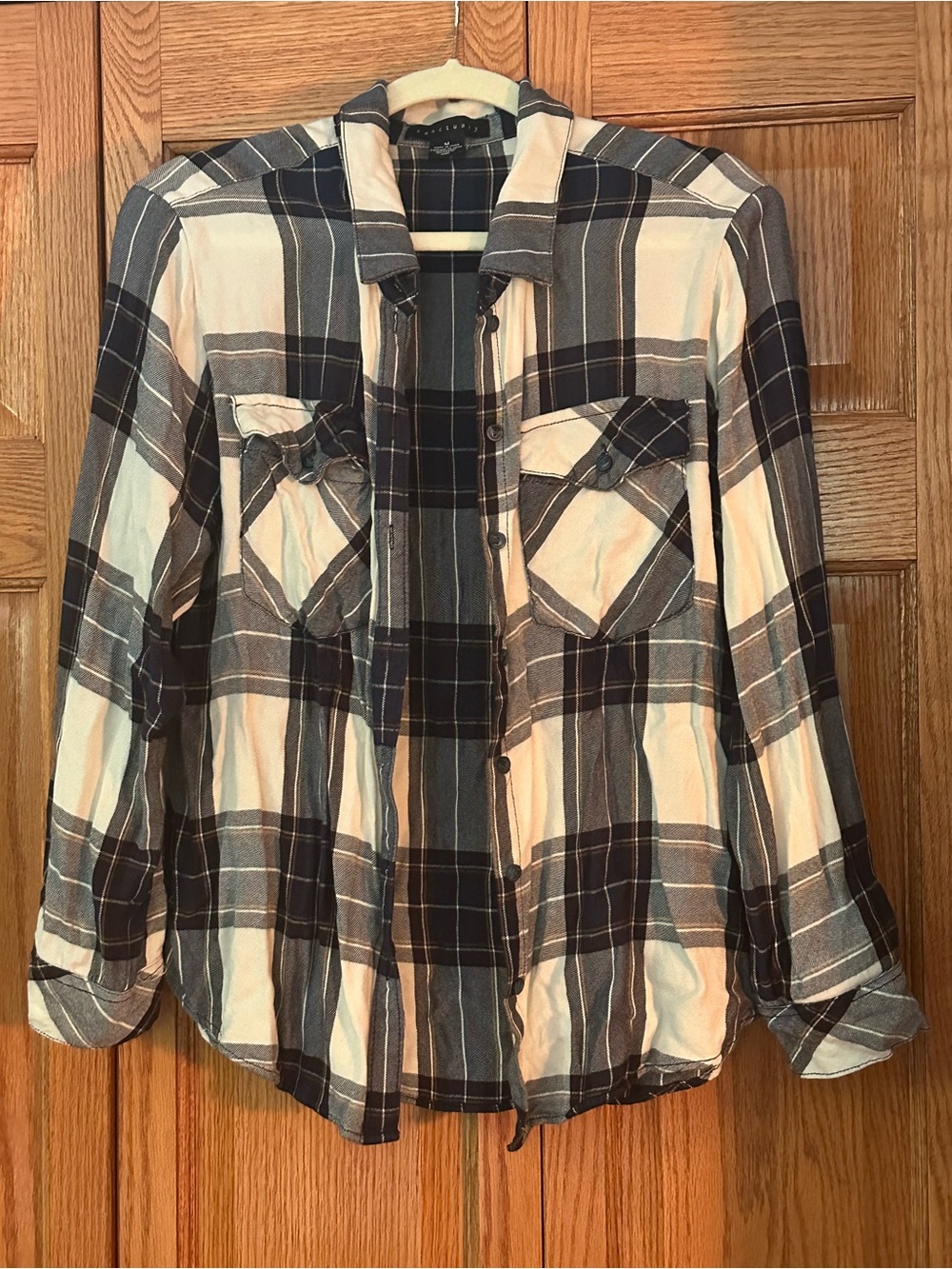 SANCTUARY Navy, Cream & Brown Plaid Boyfriend Shirt | Size M